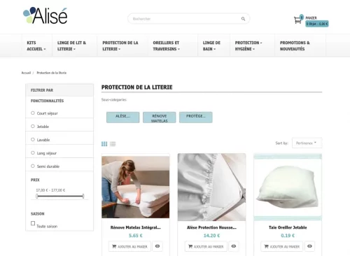 capture d'écran du site Alisé affichant les produits en vente 